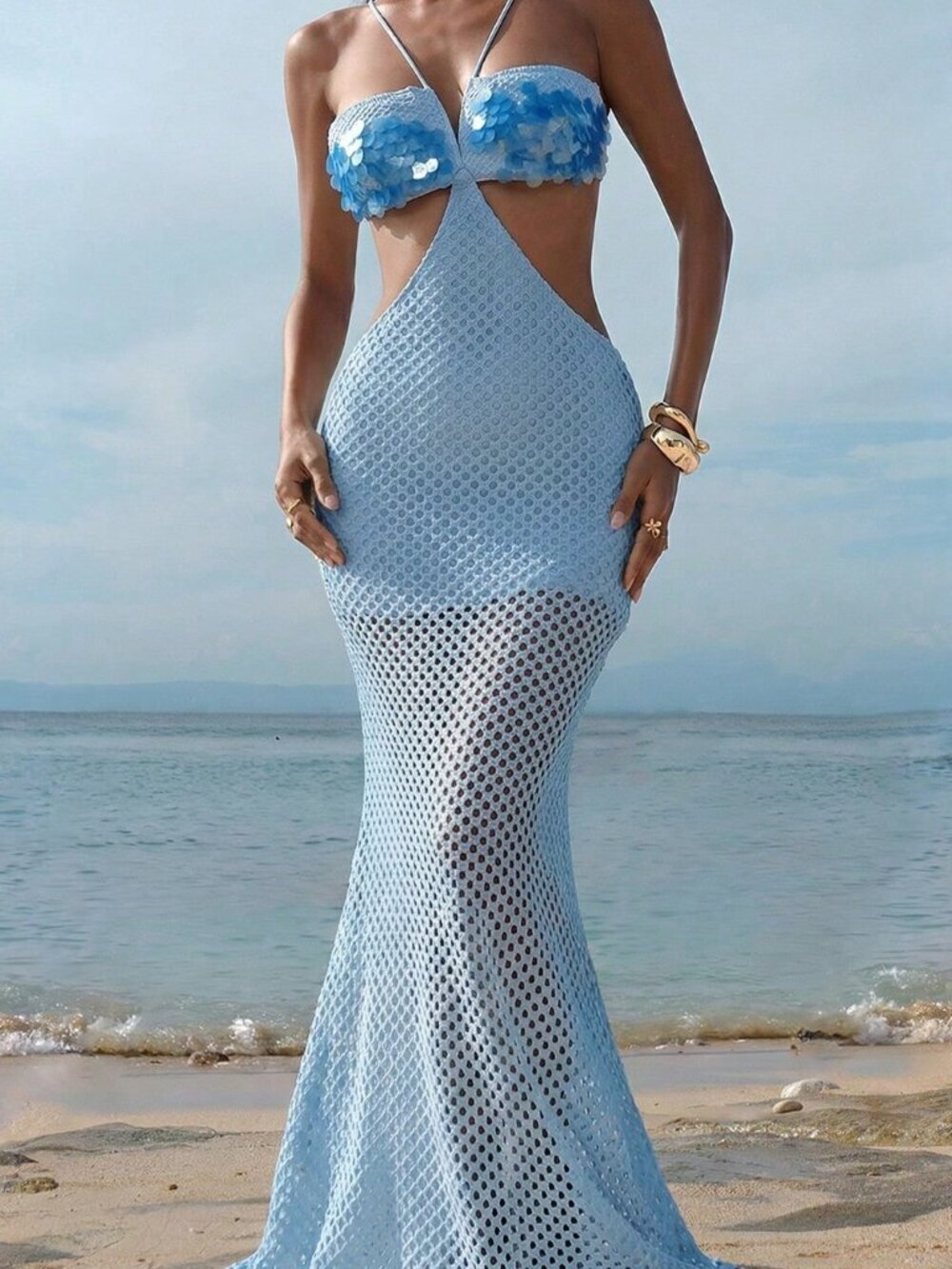 Baby Blue Sexy Women's Knitted Beaded Embroidered Dress